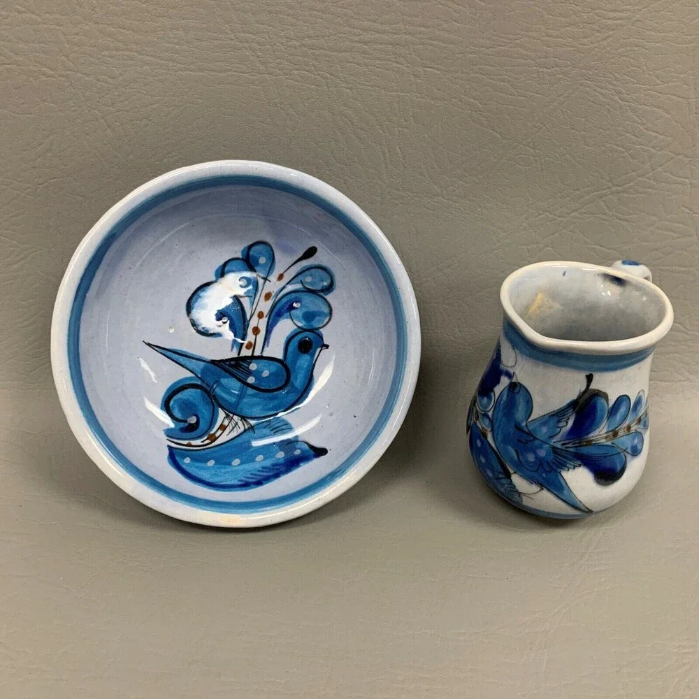 Bowl Creamer with Blue‎ Birds Mexico Dishes Lot of 2